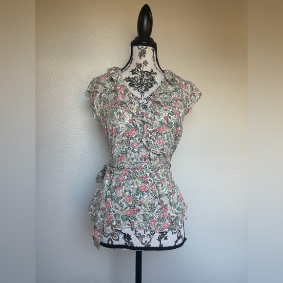 Old Navy Tops - Old Navy Floral Ruffle Blouse - Pink and Green